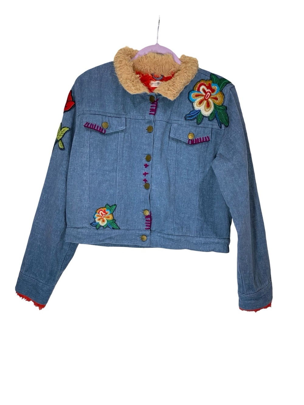 Natural Life Embroidered Denim Jacket Faux Fur Boho embroidery patches Size M - Picture 2 of 6